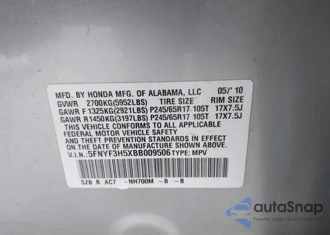 2011 Honda Pilot Ex-L from USA, damaged, VIN 5FNYF3H5XBB009506